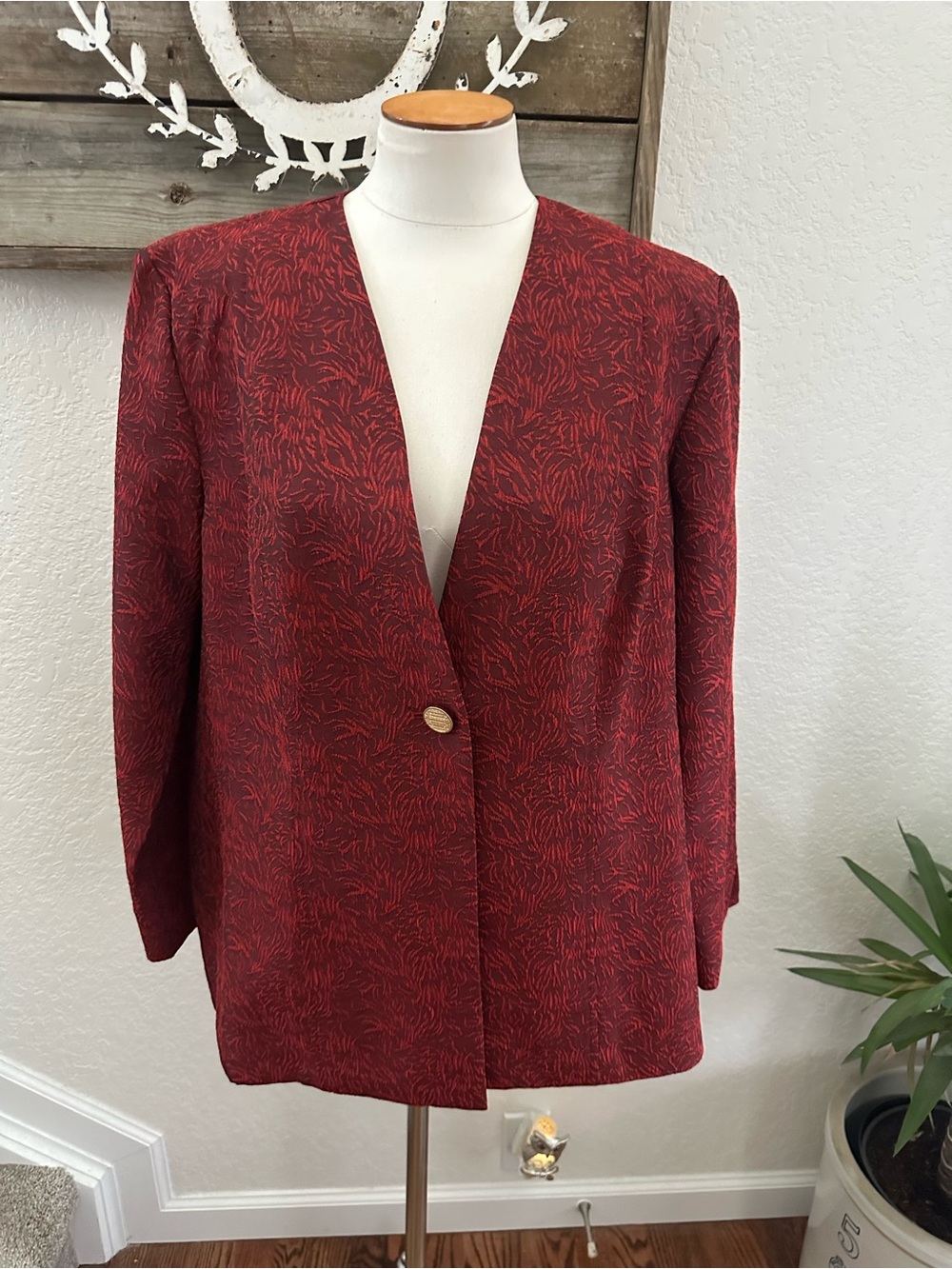 Misook red pattern one button blazer jacket ladies size XL